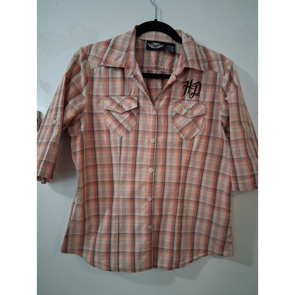 Harley-Davidson Womens Orange Plaid Embroidered 3/4 Sleeve Button Up Shirt L